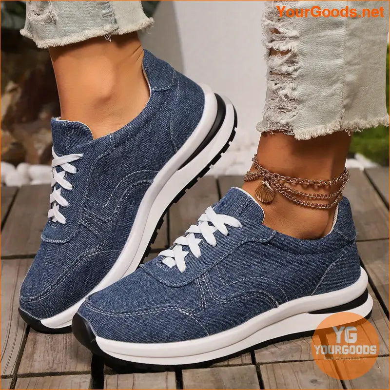 Women's Casual Denim Fabric Sneakers - Lace-Up Low Top All-Season Shoes with Non-Slip PU Sole, Plain Toe, and Comfort Insole - European & North America Special Design for Casual Style - YourGoods Online Shop