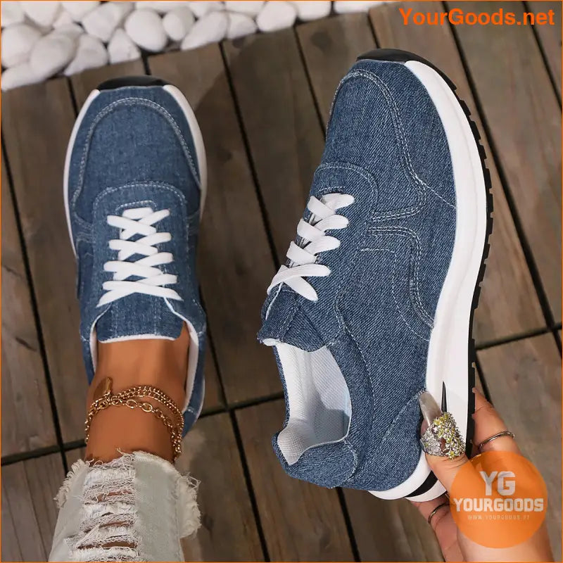 Women's Casual Denim Fabric Sneakers - Lace-Up Low Top All-Season Shoes with Non-Slip PU Sole, Plain Toe, and Comfort Insole - European & North America Special Design for Casual Style - YourGoods Online Shop