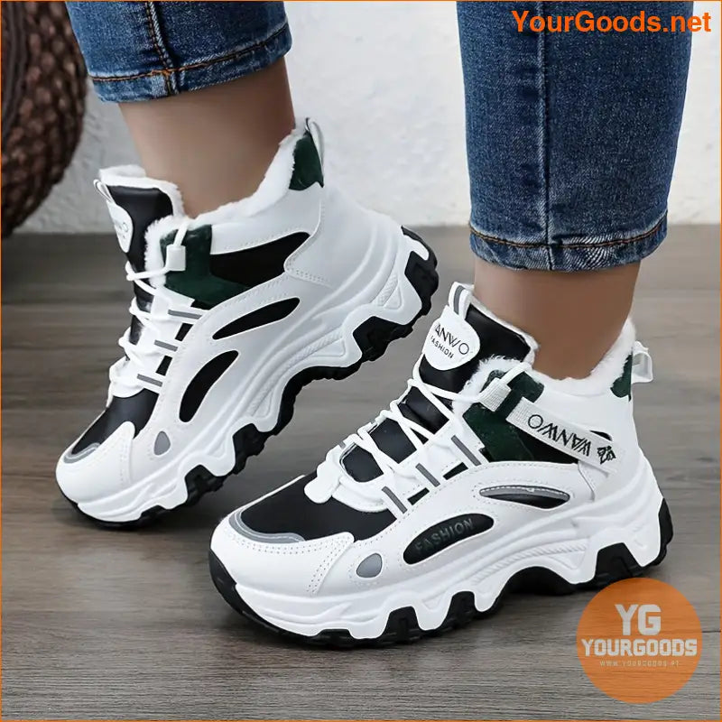 Women's Casual Sneakers, Color-block Thick Sole Chunky Sneakers, Warm Plush Lined Anti-slip Running Shoes - YourGoods Online Shop