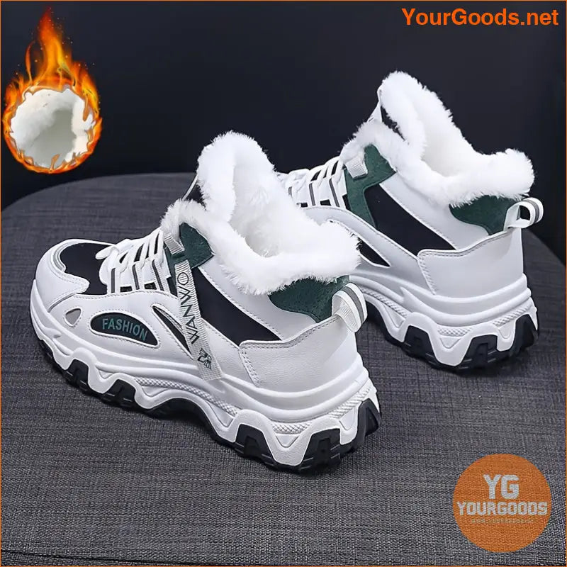 Women's Casual Sneakers, Color-block Thick Sole Chunky Sneakers, Warm Plush Lined Anti-slip Running Shoes - YourGoods Online Shop