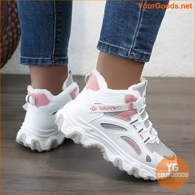 Women's Casual Sneakers, Color-block Thick Sole Chunky Sneakers, Warm Plush Lined Anti-slip Running Shoes - YourGoods Online Shop