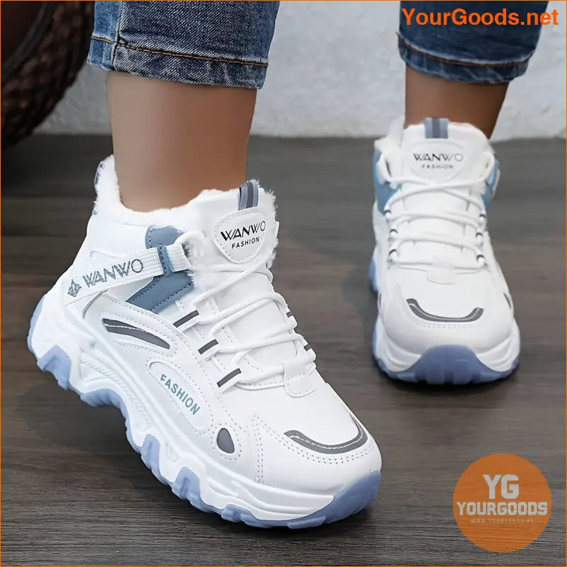 Women's Casual Sneakers, Color-block Thick Sole Chunky Sneakers, Warm Plush Lined Anti-slip Running Shoes - YourGoods Online Shop