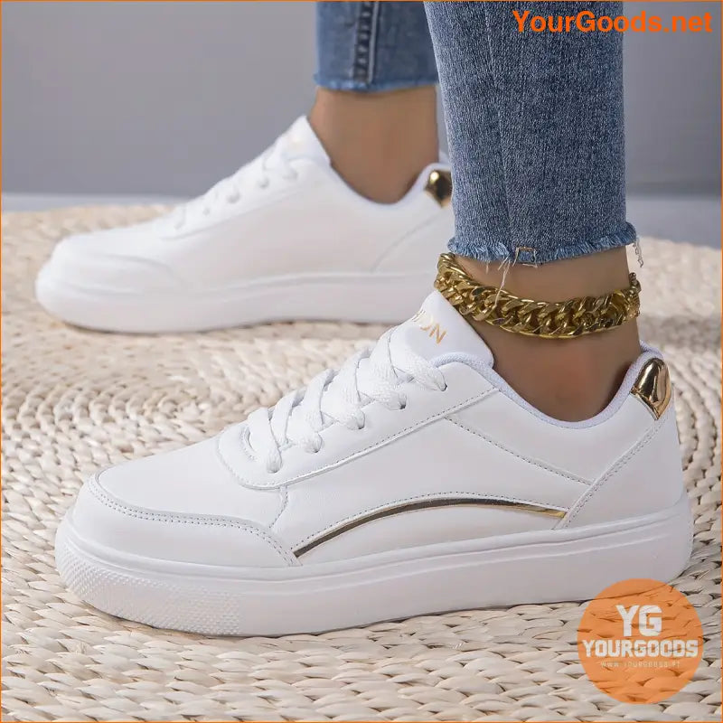 Women's Casual Solid Color Sneakers, Lace Up Lightweight Flat Soft Sole Walking Skate Shoes, Comfort Low-top White Shoes fall - YourGoods Online Shop