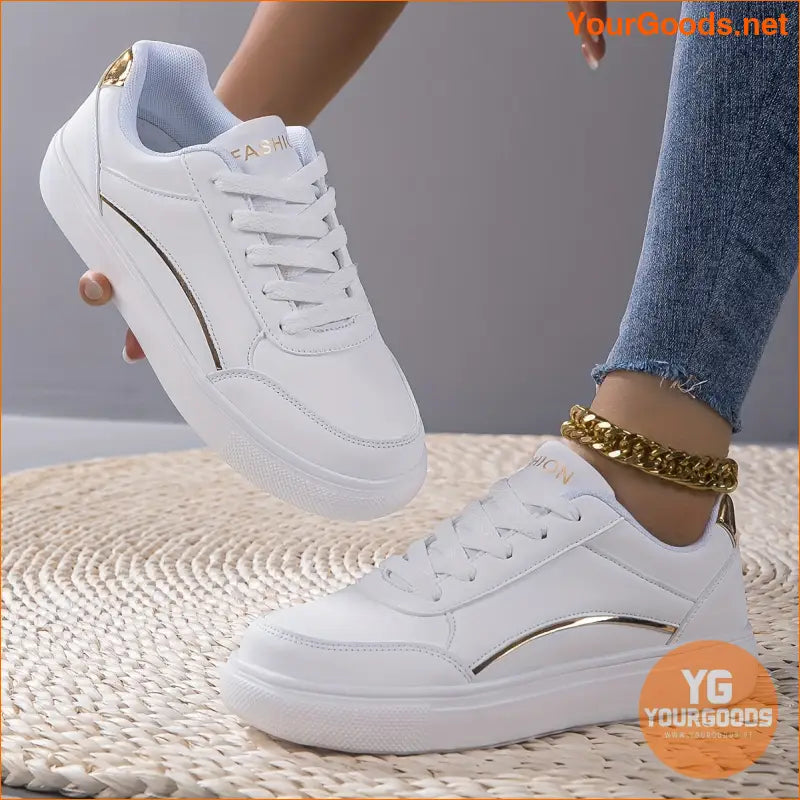 Women's Casual Solid Color Sneakers, Lace Up Lightweight Flat Soft Sole Walking Skate Shoes, Comfort Low-top White Shoes fall - YourGoods Online Shop