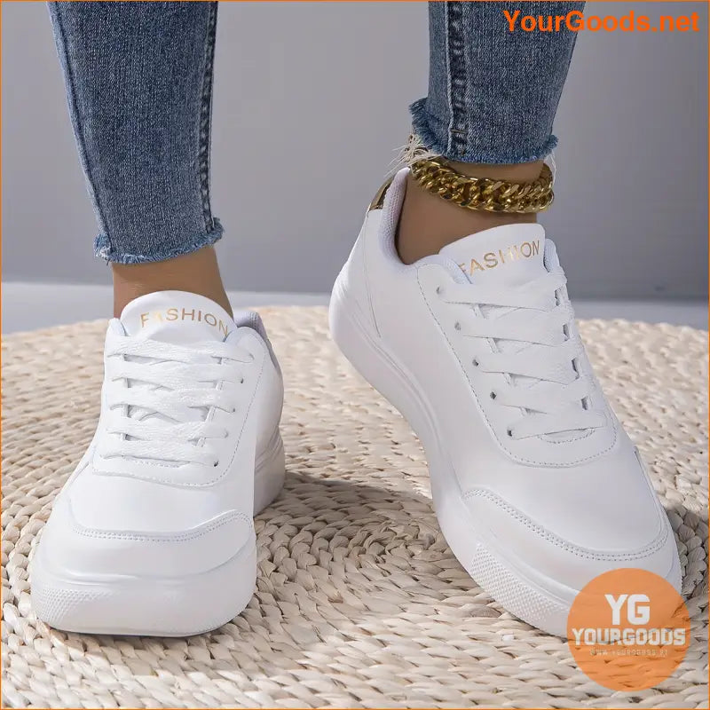 Women's Casual Solid Color Sneakers, Lace Up Lightweight Flat Soft Sole Walking Skate Shoes, Comfort Low-top White Shoes fall - YourGoods Online Shop