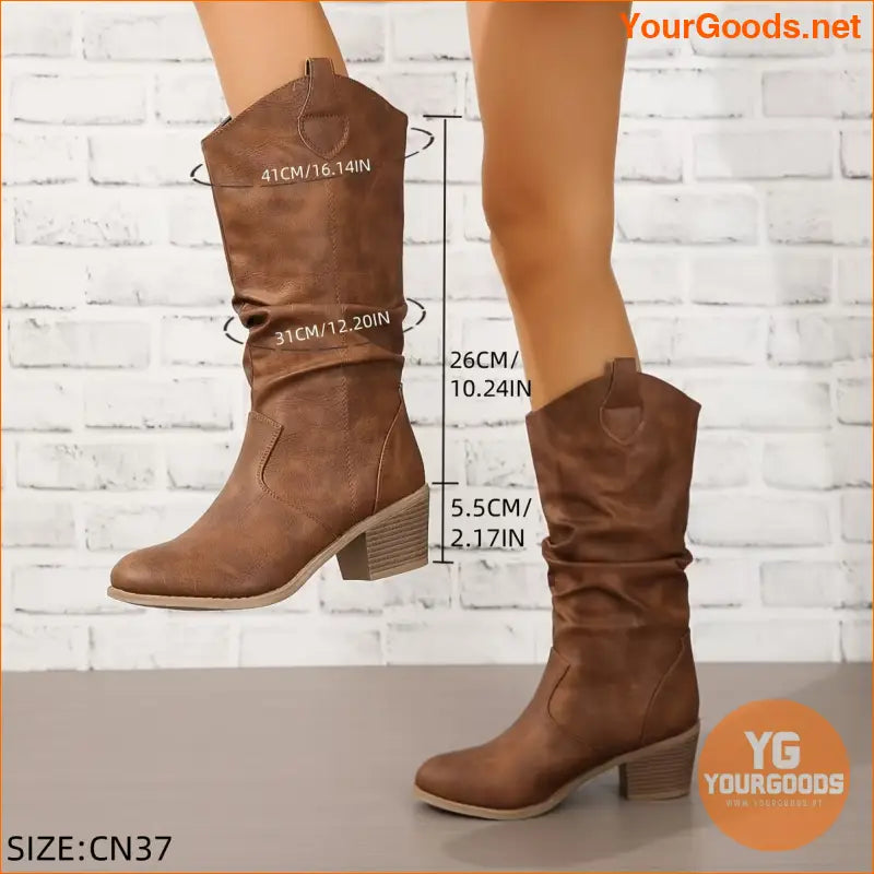 Womens Chic SlipOn Chunky Heel MidCalf Boots - YourGoods Online Shop