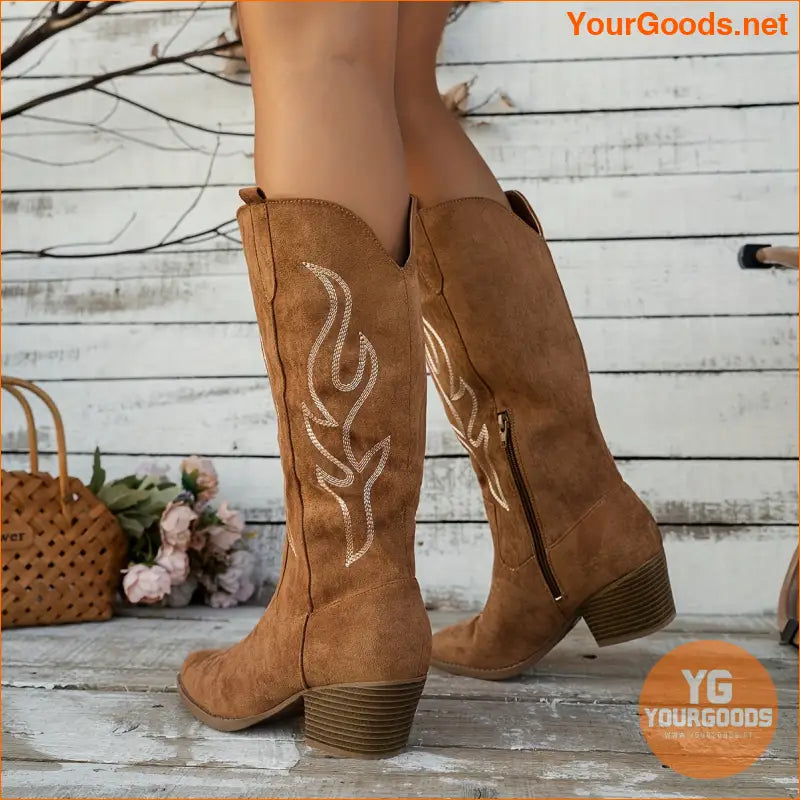 Womens Chunky Heel Fashion Cowboy Boots with Side Zipper - YourGoods Online Shop