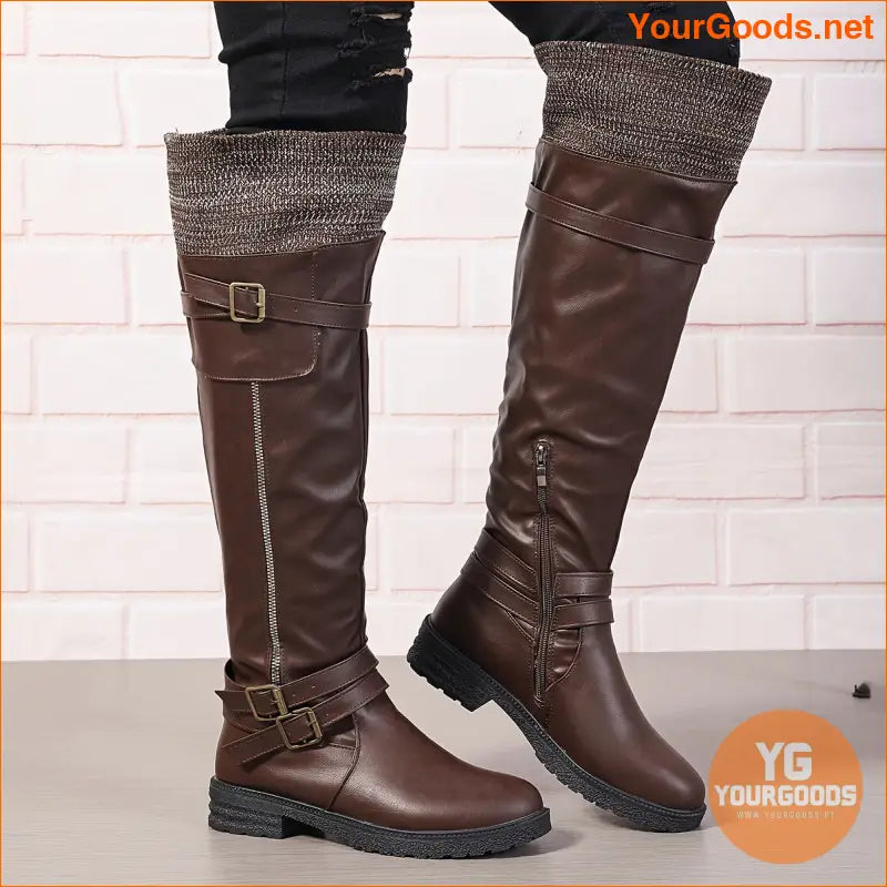 Womens Chunky Heel Knee High Zipper Boots - YourGoods Online Shop