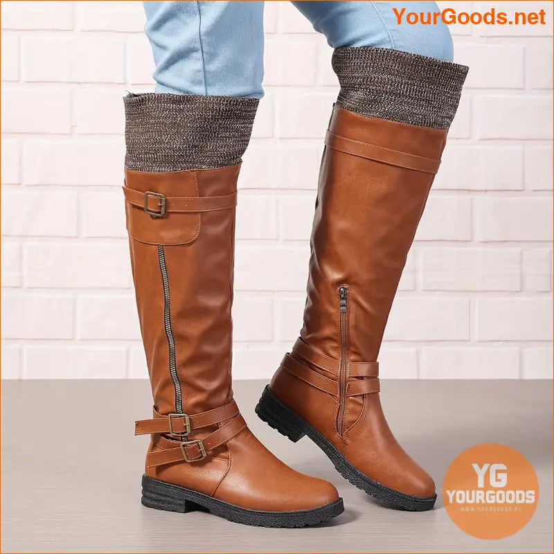 Womens Chunky Heel Knee High Zipper Boots - YourGoods Online Shop