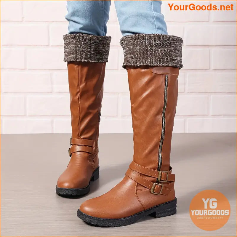 Womens Chunky Heel Knee High Zipper Boots - YourGoods Online Shop