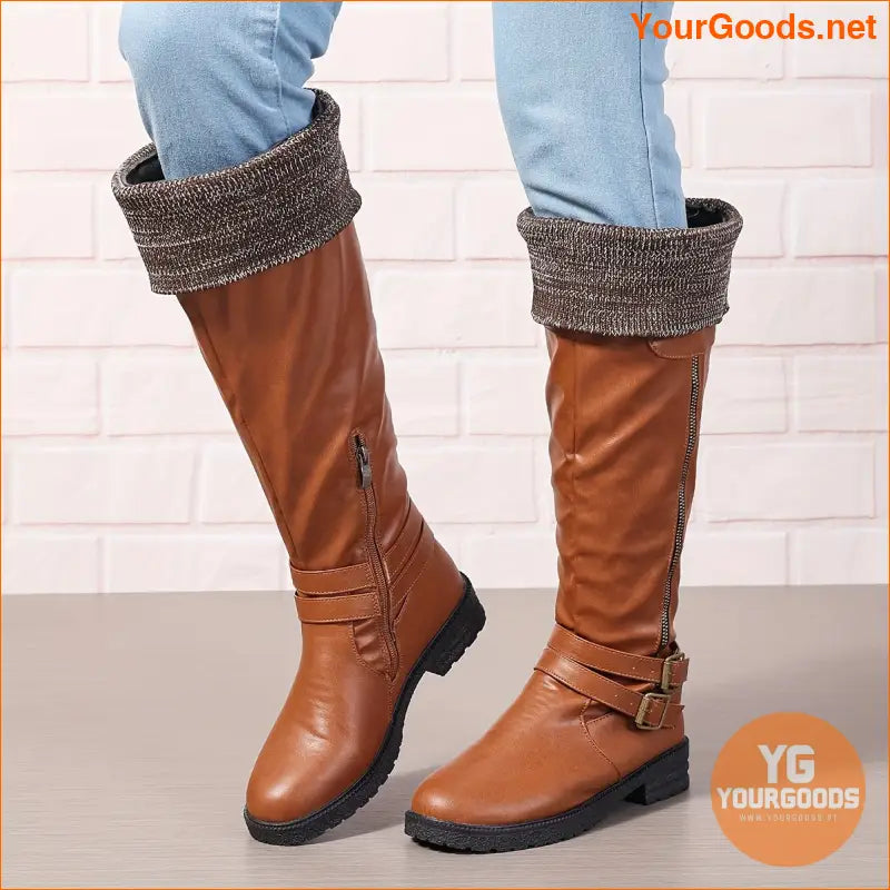 Womens Chunky Heel Knee High Zipper Boots - YourGoods Online Shop