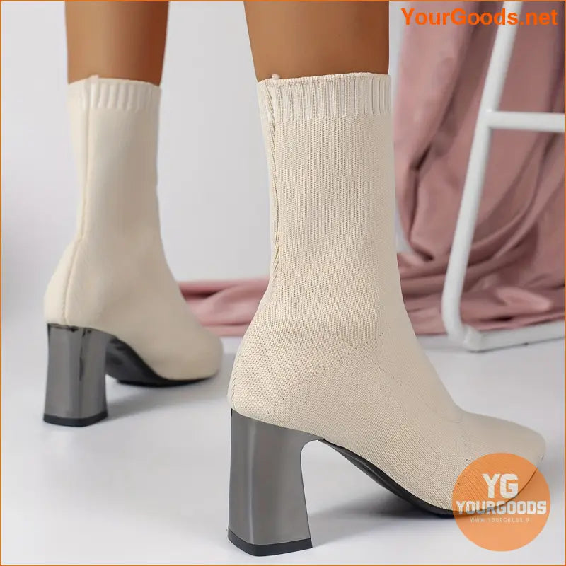 Womens Chunky Heel Knit Boots Versatile Comfy - YourGoods Online Shop