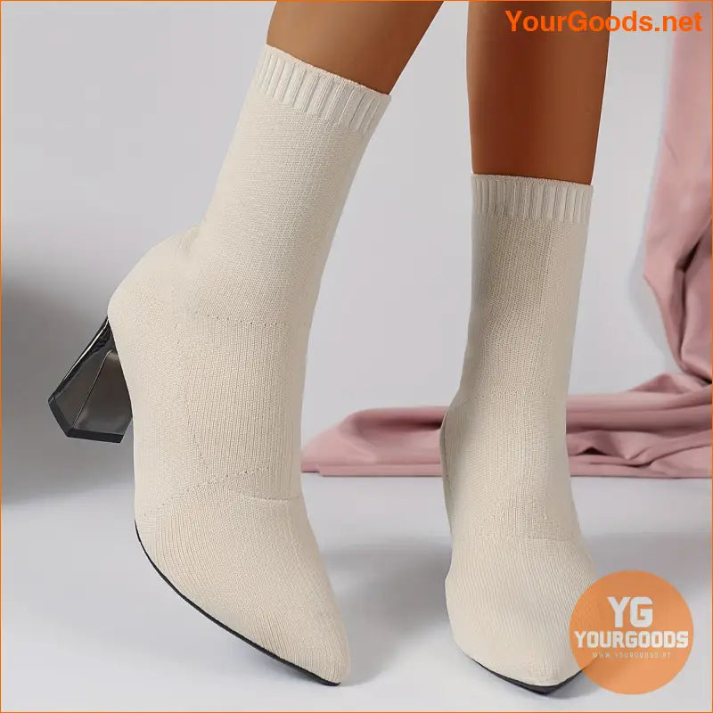 Womens Chunky Heel Knit Boots Versatile Comfy - YourGoods Online Shop