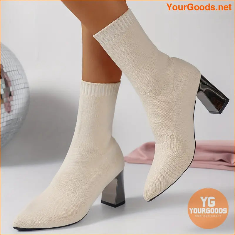 Womens Chunky Heel Knit Boots Versatile Comfy - YourGoods Online Shop