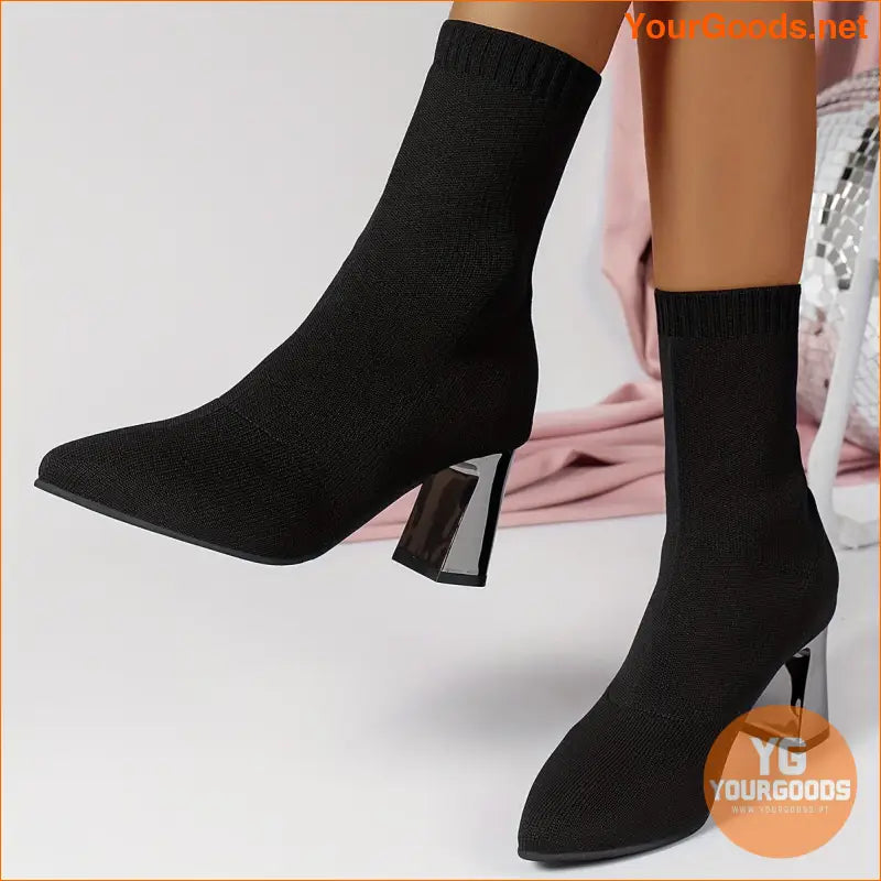 Womens Chunky Heel Knit Boots Versatile Comfy - YourGoods Online Shop