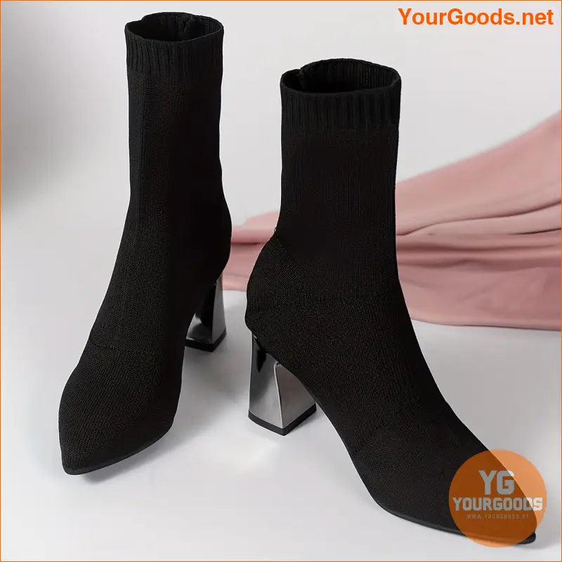 Womens Chunky Heel Knit Boots Versatile Comfy - YourGoods Online Shop