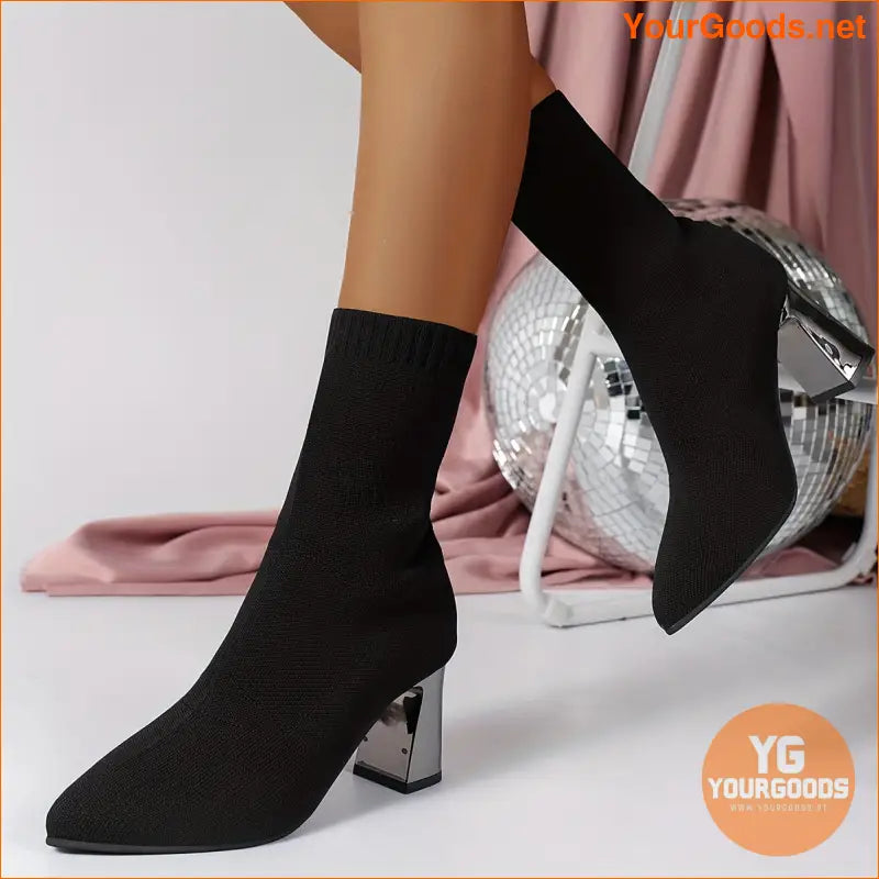 Womens Chunky Heel Knit Boots Versatile Comfy - YourGoods Online Shop