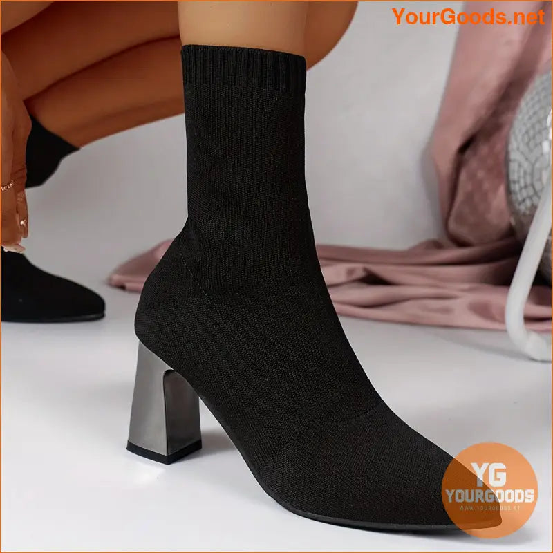 Womens Chunky Heel Knit Boots Versatile Comfy - YourGoods Online Shop