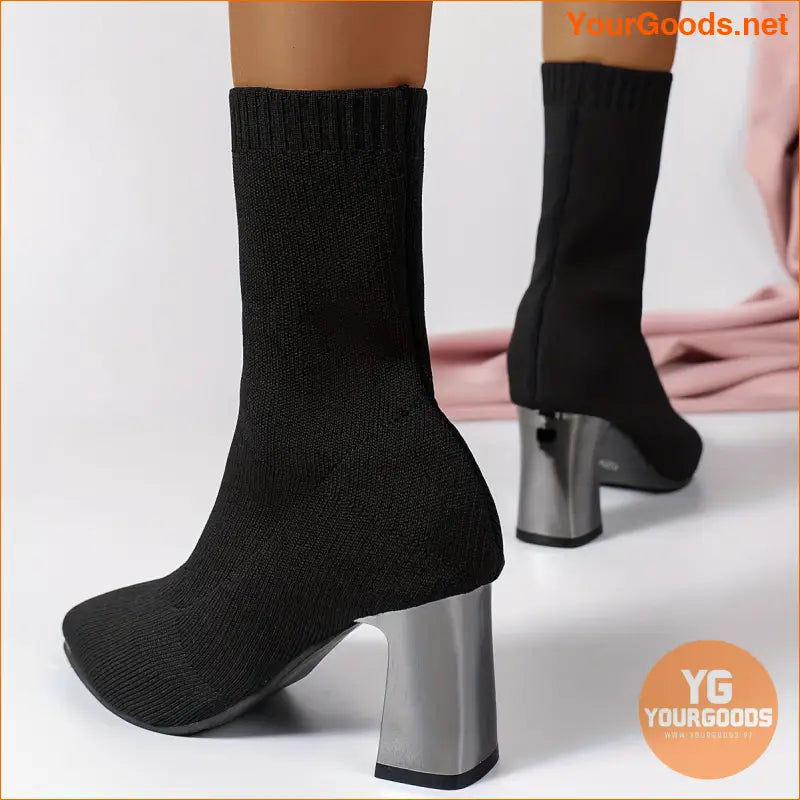 Womens Chunky Heel Knit Boots Versatile Comfy - YourGoods Online Shop