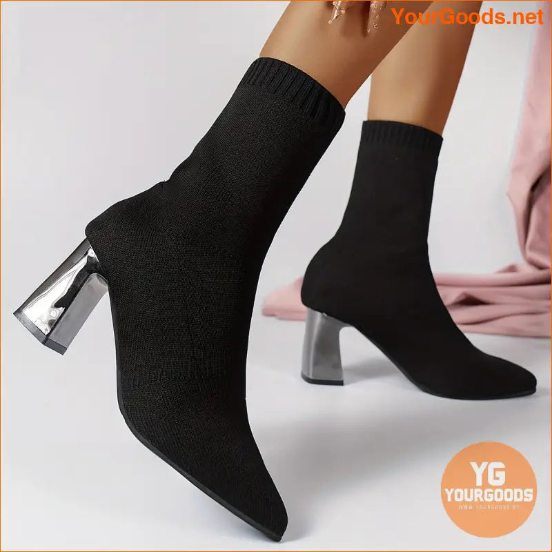 Womens Chunky Heel Knit Boots Versatile Comfy - YourGoods Online Shop