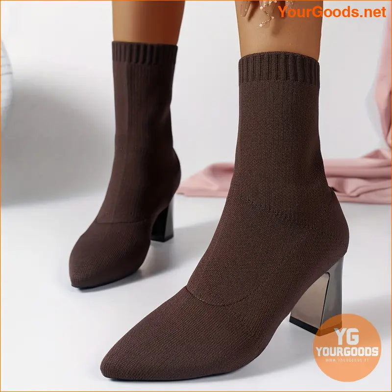 Womens Chunky Heel Knit Boots Versatile Comfy - YourGoods Online Shop