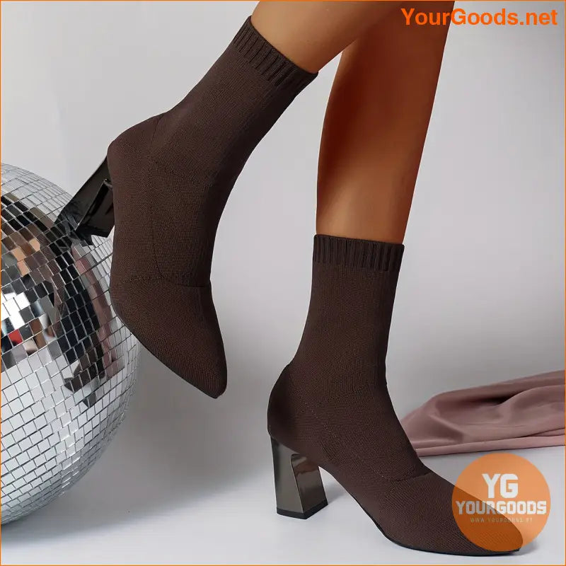 Womens Chunky Heel Knit Boots Versatile Comfy - YourGoods Online Shop