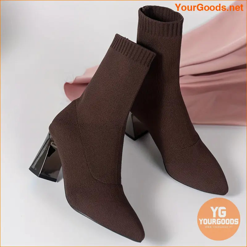 Womens Chunky Heel Knit Boots Versatile Comfy - YourGoods Online Shop