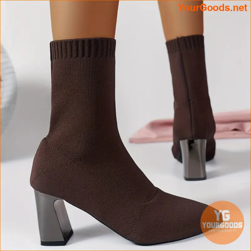 Womens Chunky Heel Knit Boots Versatile Comfy - YourGoods Online Shop