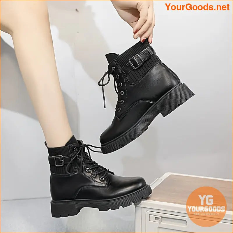 Womens Chunky Heel LaceUp Ankle Boots Solid Color - YourGoods Online Shop