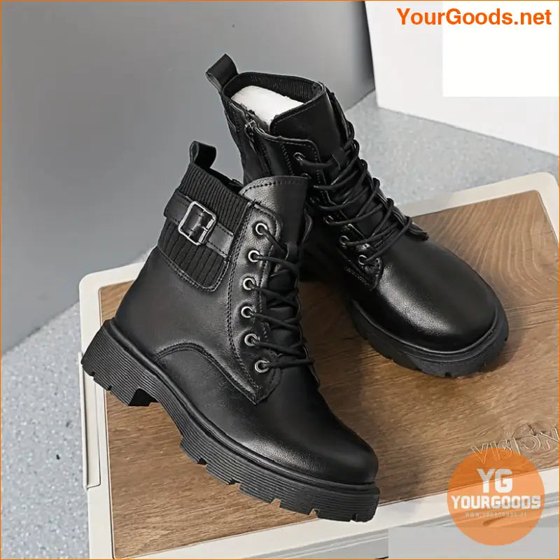 Womens Chunky Heel LaceUp Ankle Boots Solid Color - YourGoods Online Shop