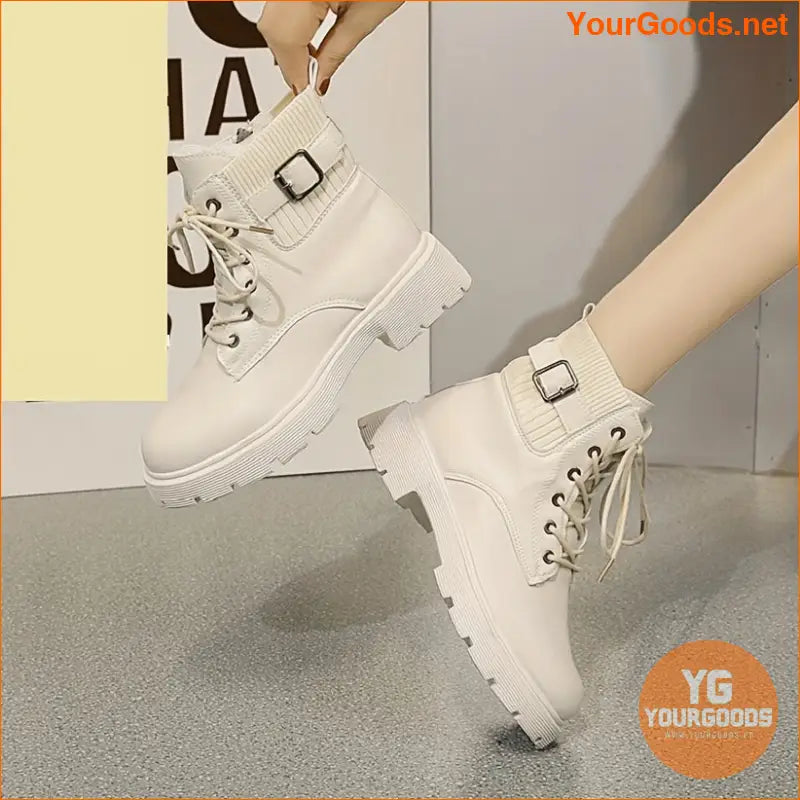 Womens Chunky Heel LaceUp Ankle Boots Solid Color - YourGoods Online Shop