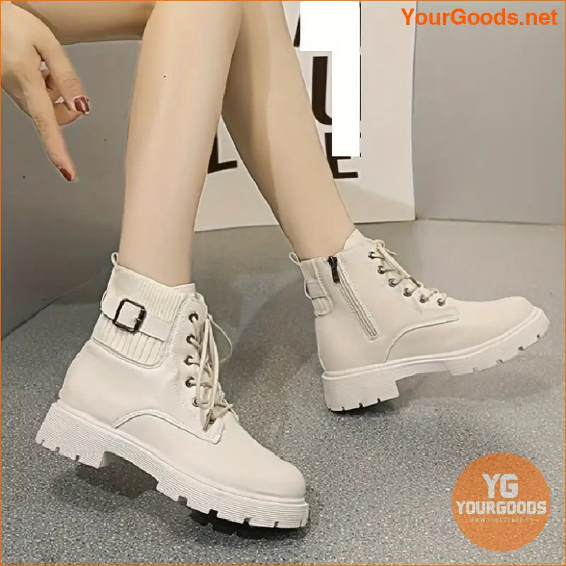 Womens Chunky Heel LaceUp Ankle Boots Solid Color - YourGoods Online Shop