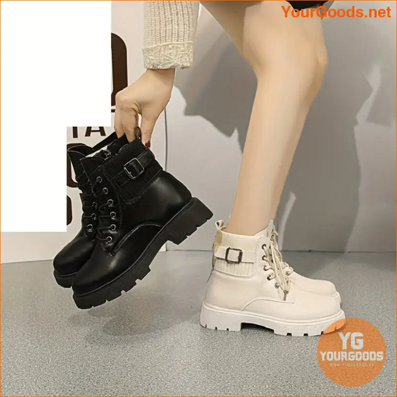 Womens Chunky Heel LaceUp Ankle Boots Solid Color - YourGoods Online Shop