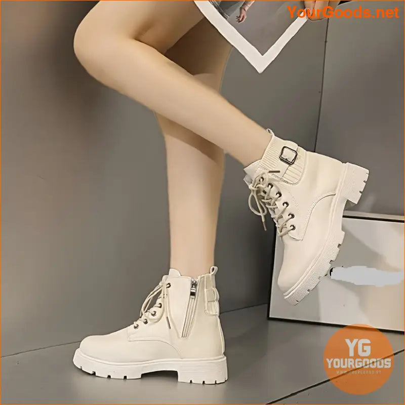 Womens Chunky Heel LaceUp Ankle Boots Solid Color - YourGoods Online Shop