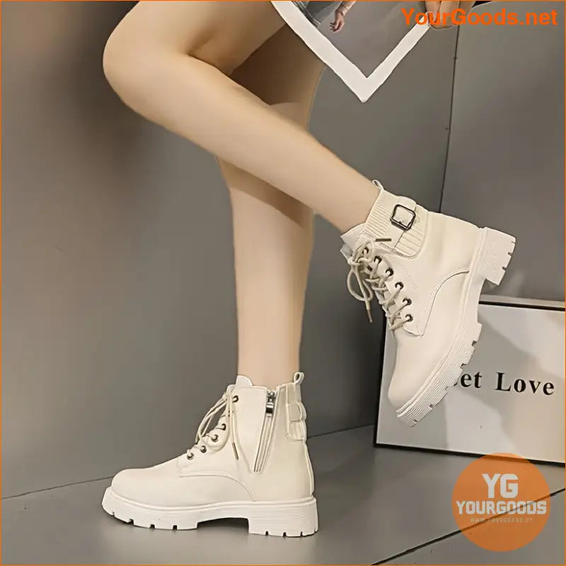 Womens Chunky Heel LaceUp Ankle Boots Solid Color - YourGoods Online Shop