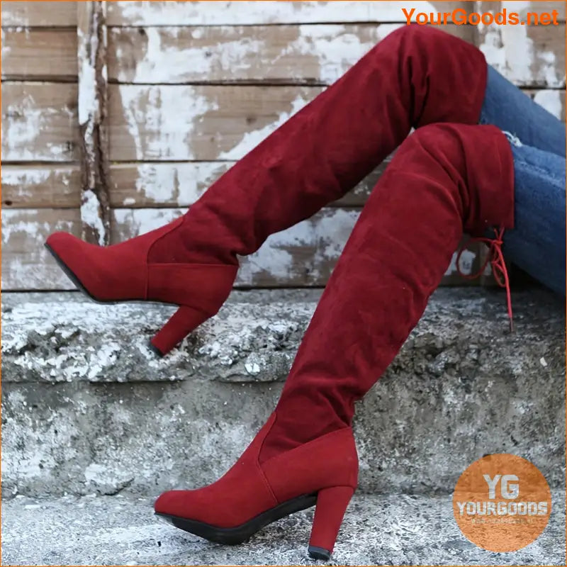 Womens Chunky Heel Over Knee Slim Boots - YourGoods Online Shop