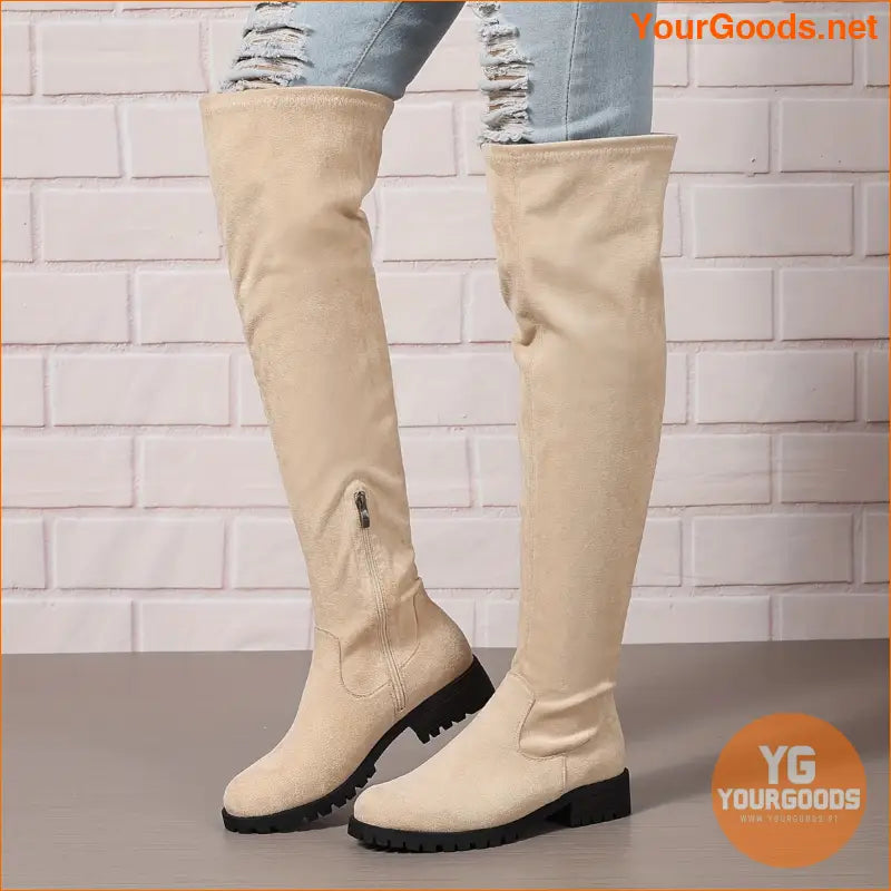 Womens Chunky Heel Over The Knee Boots with Side Zipper - YourGoods Online Shop