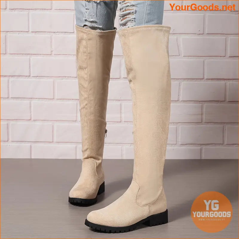 Womens Chunky Heel Over The Knee Boots with Side Zipper - YourGoods Online Shop