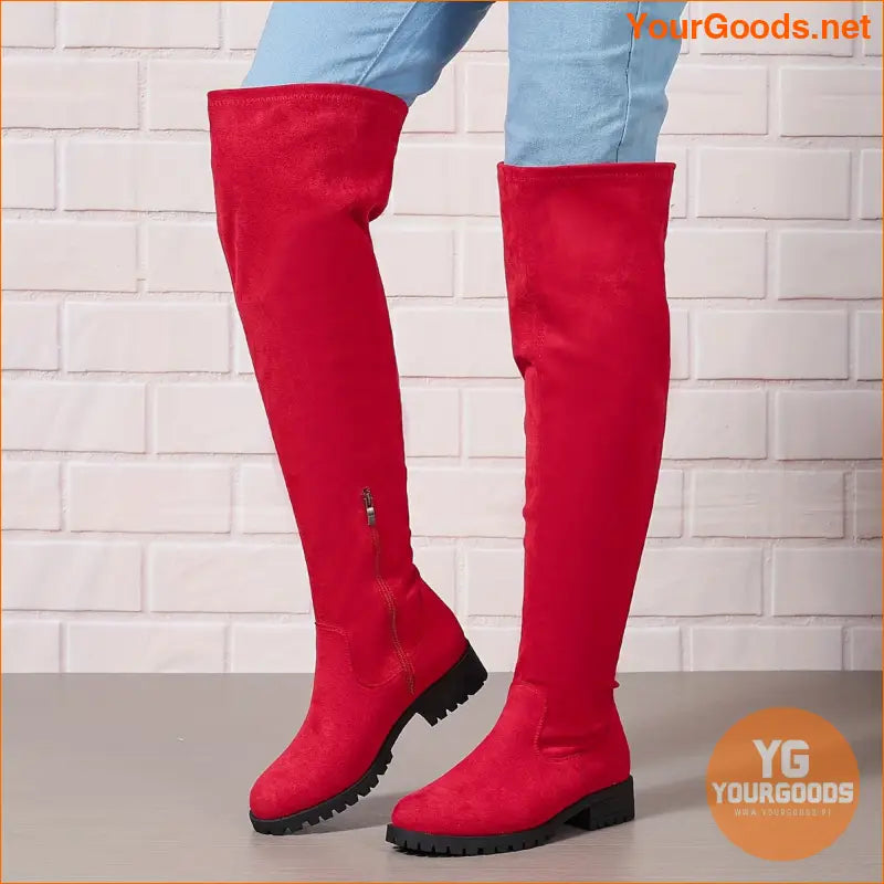 Womens Chunky Heel Over The Knee Boots with Side Zipper - YourGoods Online Shop