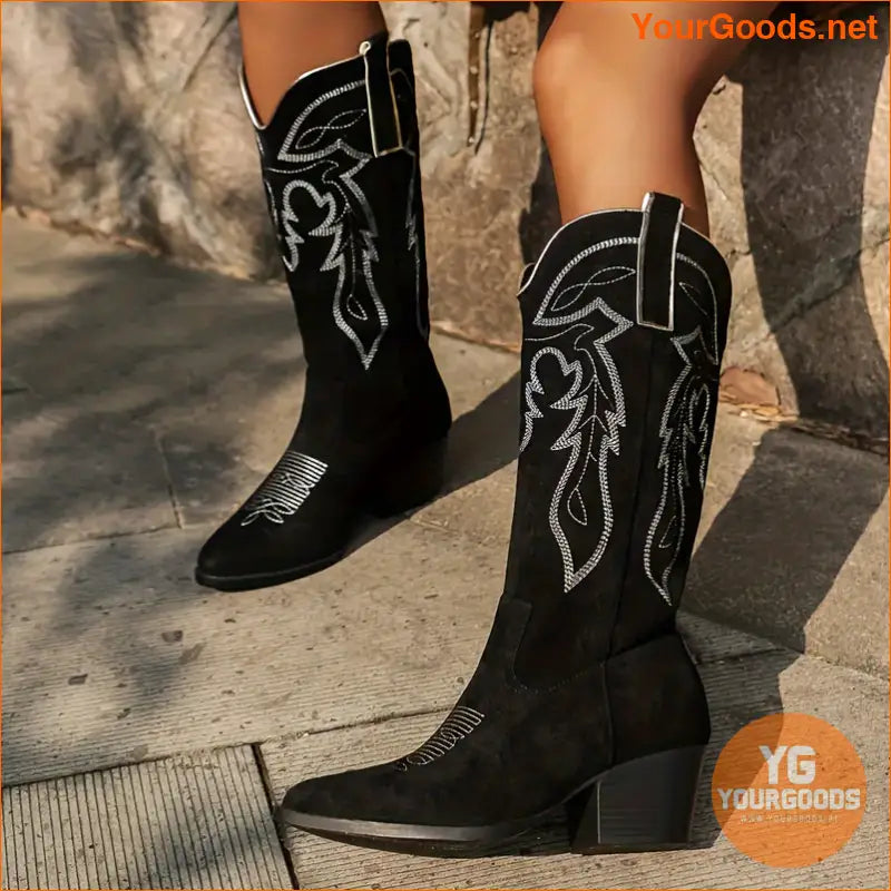 Womens Chunky Heel Point Toe KneeHigh Cowboy Boots - YourGoods Online Shop