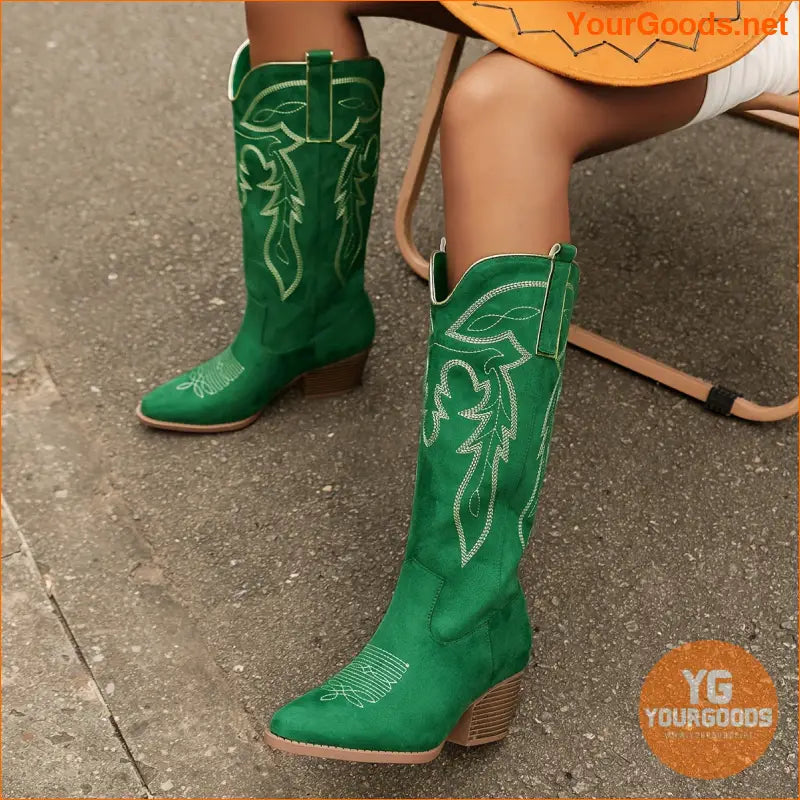 Womens Chunky Heel Point Toe KneeHigh Cowboy Boots - YourGoods Online Shop