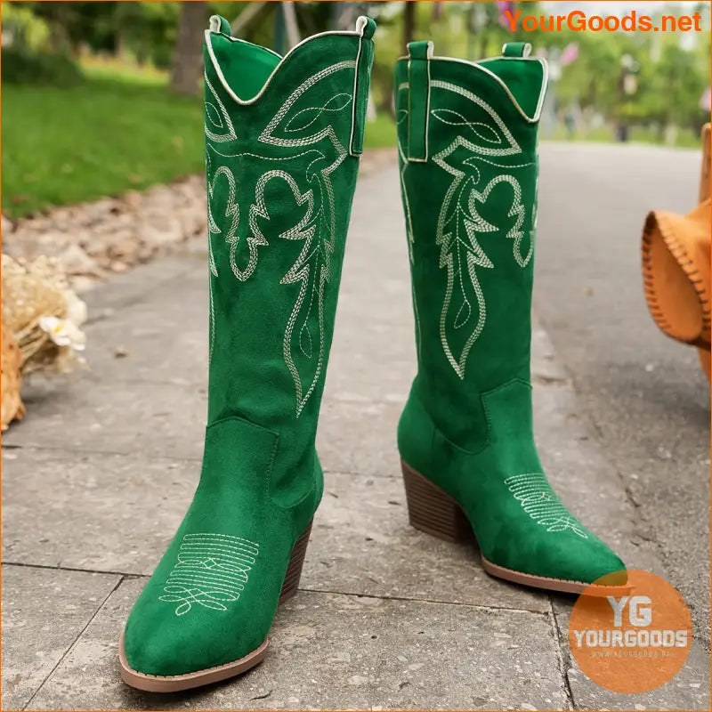 Womens Chunky Heel Point Toe KneeHigh Cowboy Boots - YourGoods Online Shop