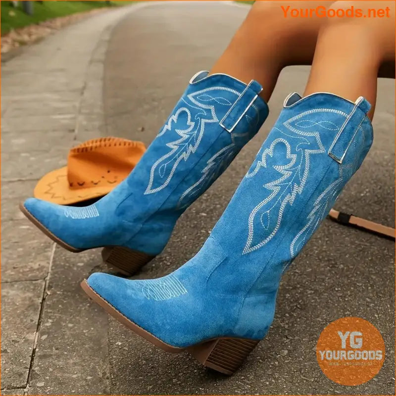 Womens Chunky Heel Point Toe KneeHigh Cowboy Boots - YourGoods Online Shop