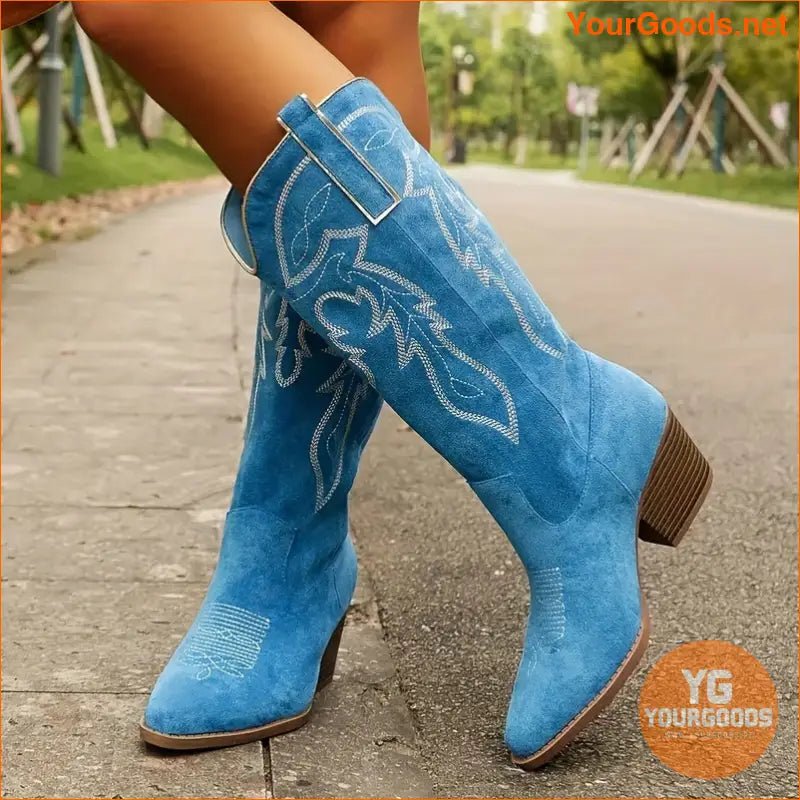 Womens Chunky Heel Point Toe KneeHigh Cowboy Boots - YourGoods Online Shop