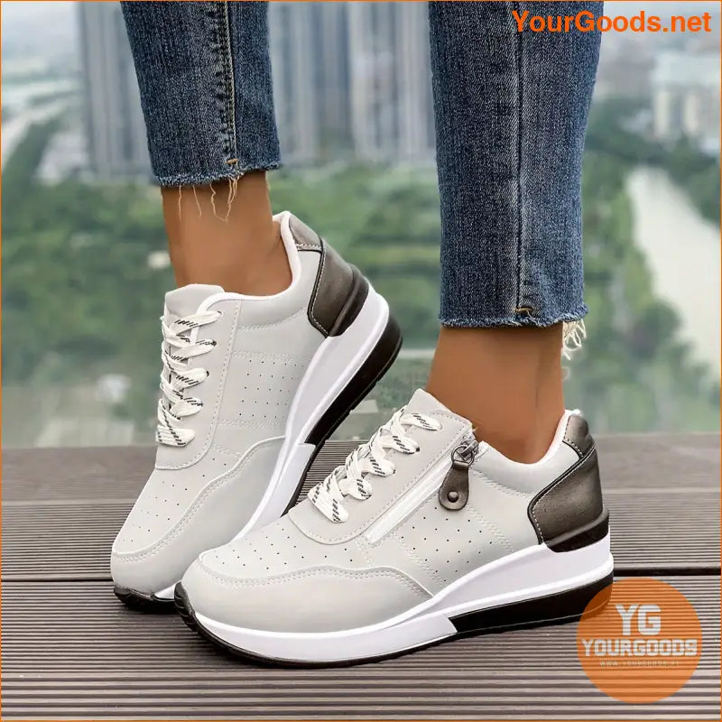 Women's Chunky Sneakers, Lace Up & Side Zipper Design Sports Shoes, Casual Outdoor Walking Trainers - YourGoods Online Shop