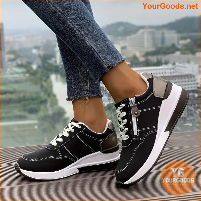 Women's Chunky Sneakers, Lace Up & Side Zipper Design Sports Shoes, Casual Outdoor Walking Trainers - YourGoods Online Shop