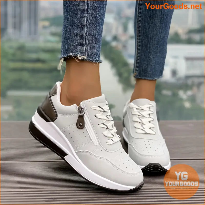 Women's Chunky Sneakers, Lace Up & Side Zipper Design Sports Shoes, Casual Outdoor Walking Trainers - YourGoods Online Shop