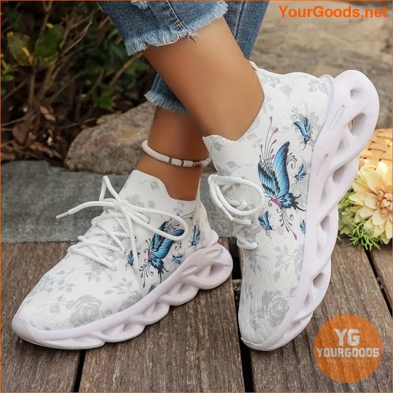 Women's Chunky Sneakers With Butterfly & Rose Design, Fashion Knitted Low Top Walking Trainers, Casual Outdoor Sports Shoes - YourGoods Online Shop