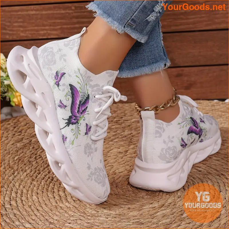 Women's Chunky Sneakers With Butterfly & Rose Design, Fashion Knitted Low Top Walking Trainers, Casual Outdoor Sports Shoes - YourGoods Online Shop