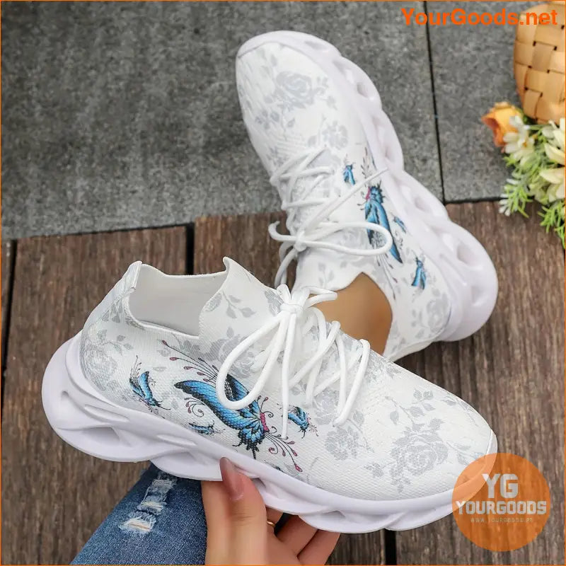 Women's Chunky Sneakers With Butterfly & Rose Design, Fashion Knitted Low Top Walking Trainers, Casual Outdoor Sports Shoes - YourGoods Online Shop